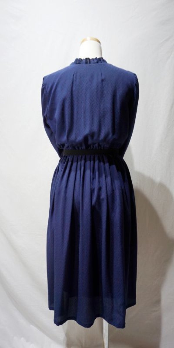 画像9: ドット柄 ネイビー 長袖 レトロワンピース フリルカラー[56453]