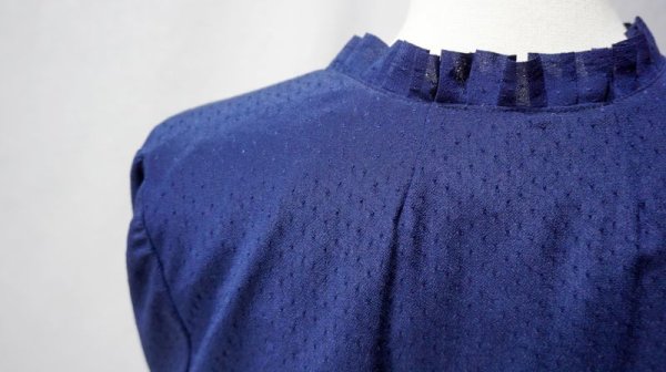 画像10: ドット柄 ネイビー 長袖 レトロワンピース フリルカラー[56453]