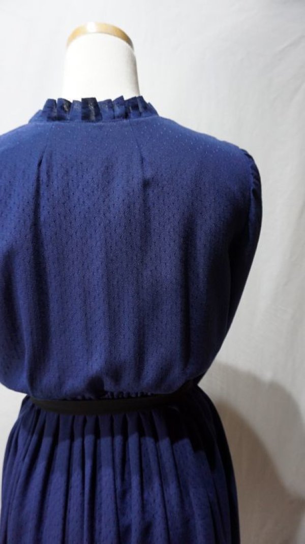 画像11: ドット柄 ネイビー 長袖 レトロワンピース フリルカラー[56453]