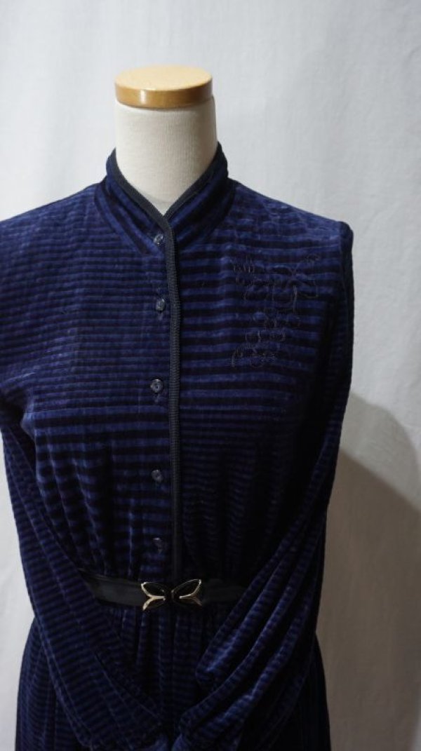 画像5: ボーダー柄 ネイビー系 長袖 レトロワンピース スタンドカラー[56463]