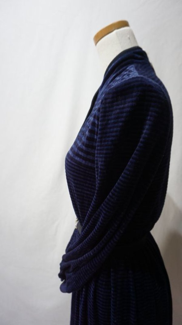 画像7: ボーダー柄 ネイビー系 長袖 レトロワンピース スタンドカラー[56463]