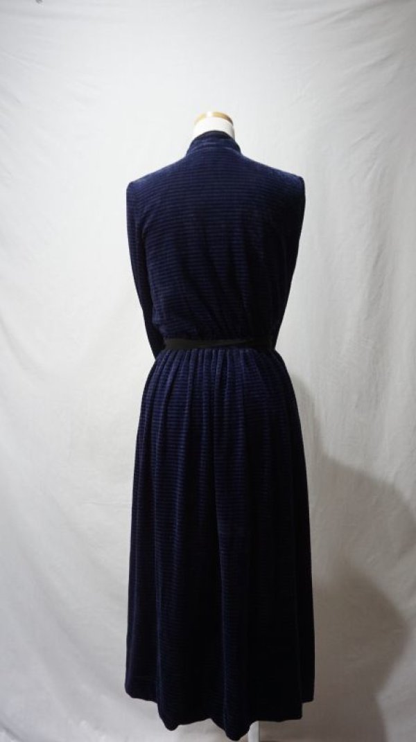 画像8: ボーダー柄 ネイビー系 長袖 レトロワンピース スタンドカラー[56463]