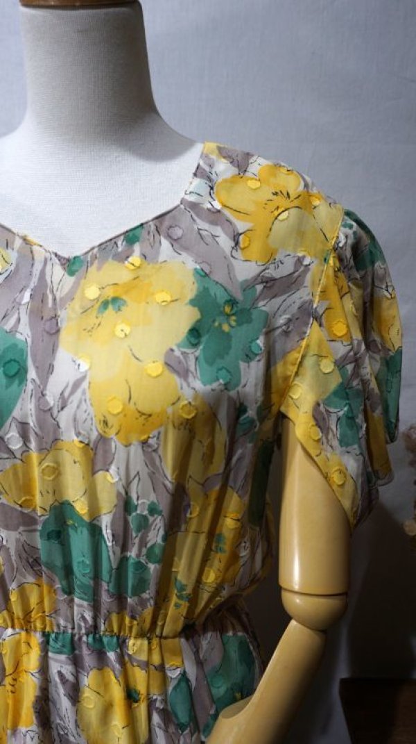 画像4: 花柄 イエロー×グリーン 半袖 コットン レトロワンピース[56371]