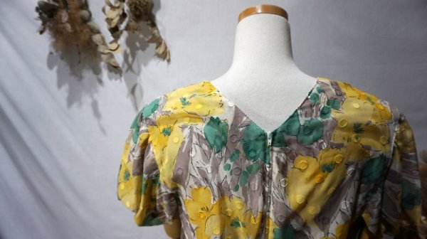 画像9: 花柄 イエロー×グリーン 半袖 コットン レトロワンピース[56371]