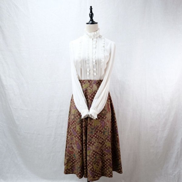 画像3: ドットと絵画の絵模様 ブラウン系 スカート フレア  /w64cm [12354]