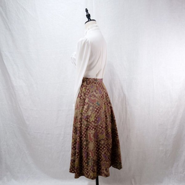 画像4: ドットと絵画の絵模様 ブラウン系 スカート フレア  /w64cm [12354]