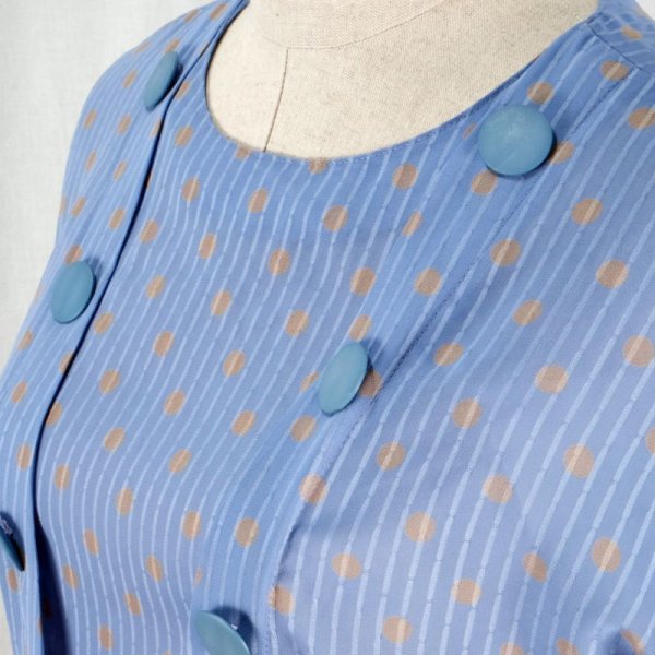 画像4: ドット柄 みずいろ×ベージュ 半袖 レトロワンピース ノーカラー ウエストゴム[12119]