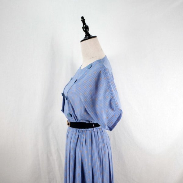 画像10: ドット柄 みずいろ×ベージュ 半袖 レトロワンピース ノーカラー ウエストゴム[12119]