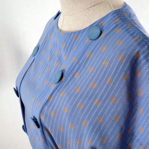 画像14: ドット柄 みずいろ×ベージュ 半袖 レトロワンピース ノーカラー ウエストゴム[12119]