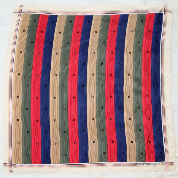 画像1: ungaro マルチカラー系 ストライプ柄 シルク スカーフ 80cm×80cm[20076]