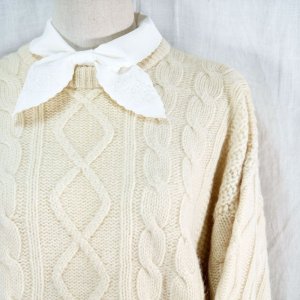 画像: ホワイト アラン編み ウール セーター クルーネック[14519]