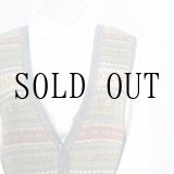 画像: グリーン系 ボーダー ノルディック模様 ニット ベスト Vネック　前開き [16660]