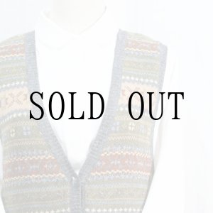 画像: グリーン系 ボーダー ノルディック模様 ニット ベスト Vネック　前開き [16660]