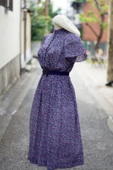 画像: 花柄 ネイビー 紫 半袖レトロワンピース 立領[17532]