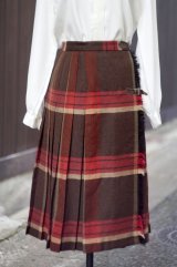 画像: チェック柄 赤×ブラウン ツイード ウール 巻きスカート w73cm [17938]
