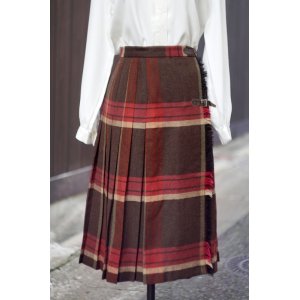 画像: チェック柄 赤×ブラウン ツイード ウール 巻きスカート w73cm [17938]