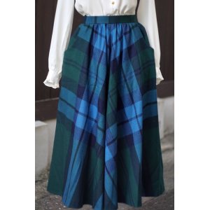 画像: チェック柄 青×緑 ウール フレア スカート w62cm[18192]