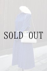 画像: 花柄 ネイビー 長袖 レトロワンピース バンドカラー[18288]