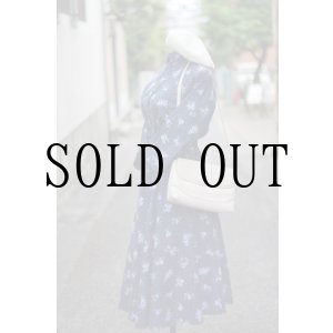 画像: US製 花柄 ネイビー系 七分袖 レトロワンピース レギュラーカラー[18740]