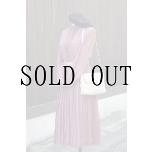 画像: "Kawai" ピンク 無地 長袖 レトロワンピース 1スタンドカラー フリル プリーツスカート[19687]