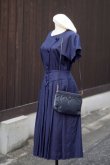 画像1: "LUCK" 無地 ネイビー 混麻 半袖 レトロワンピース ノーカラー  [13421]