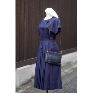 画像: "LUCK" 無地 ネイビー 混麻 半袖 レトロワンピース ノーカラー  [13421]