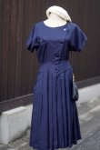 画像2: "LUCK" 無地 ネイビー 混麻 半袖 レトロワンピース ノーカラー  [13421]