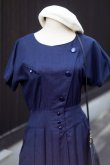 画像5: "LUCK" 無地 ネイビー 混麻 半袖 レトロワンピース ノーカラー  [13421]