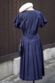 画像4: "LUCK" 無地 ネイビー 混麻 半袖 レトロワンピース ノーカラー  [13421]