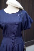 画像12: "LUCK" 無地 ネイビー 混麻 半袖 レトロワンピース ノーカラー  [13421]