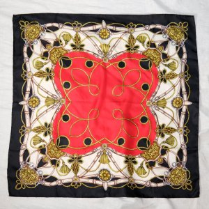 画像: 装飾模様 黒系 シルク スカーフ 78cm×78cm[19897]