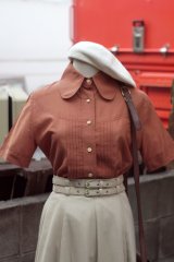 画像: "Christian Dior" 無地 オレンジ 半袖 コットン ブラウス 丸襟[19874]