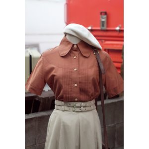 画像: "Christian Dior" 無地 オレンジ 半袖 コットン ブラウス 丸襟[19874]
