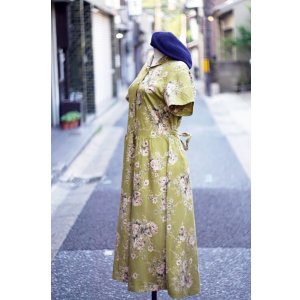 画像: 花柄 グリーン系 半袖 レトロワンピース タイニーカラー 腰リボン[20003]