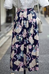 画像: "that's me" US製 ネイビー 花柄 レーヨン スカート フレア w72cm[20008]
