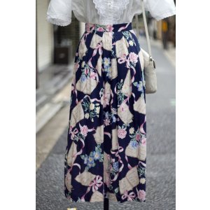 画像: "that's me" US製 ネイビー 花柄 レーヨン スカート フレア w72cm[20008]