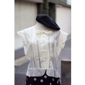 画像: Hokin Blouses” 無地 コットン アイボリー  フレンチスリーブ ブラウス ラウンドネック リボン レース ペプラム[20031]