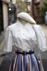 画像: "蒼い妖精" 無地 白 半袖 ブラウス レギュラーカラー カッティングレース パフスリーブ  [20033]