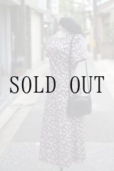 画像: 花柄 ネイビー系 半袖 レトロワンピース ラウンドネック 腰リボン[20119]