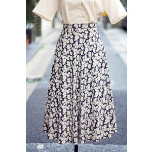 画像: ネイビー系 花柄 スカート フレア w72cm[20130]
