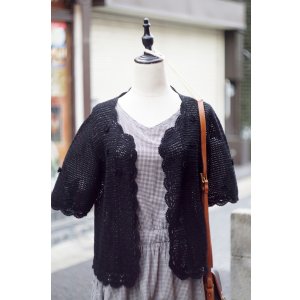 画像: 黒  ニット カーディガン かぎ編み スカラップ[20136]
