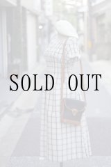 画像: ”cozy time” ネイビー×白 コットン混 タータンチェック柄  半袖 レトロワンピース ノーカラー シャーリング生地 腰リボン [20146]