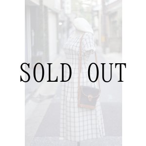 画像: ”cozy time” ネイビー×白 コットン混 タータンチェック柄  半袖 レトロワンピース ノーカラー シャーリング生地 腰リボン [20146]