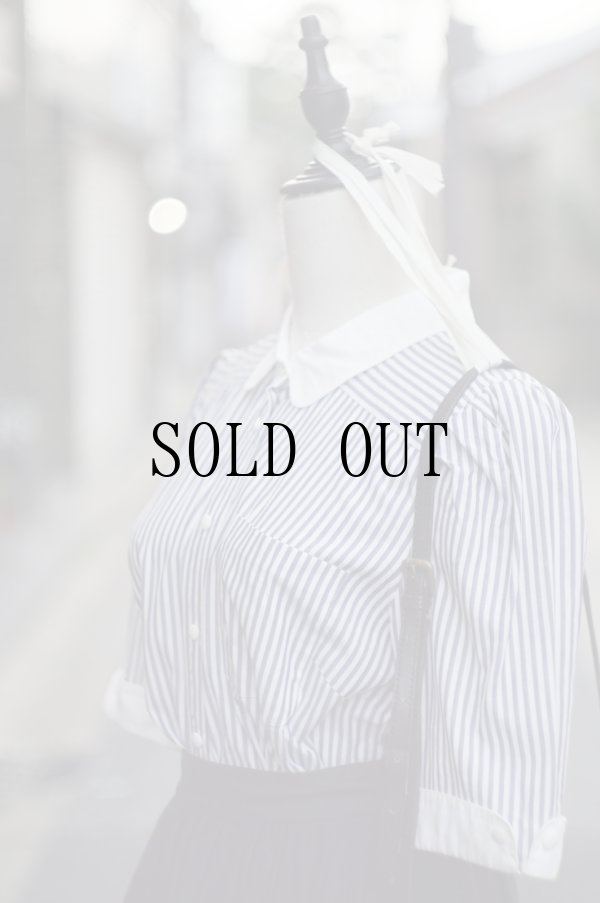 画像3: "Leilian" 白×ネイビー ストライプ柄 半袖 コットン ブラウス 丸襟 パフスリーブ[20180]