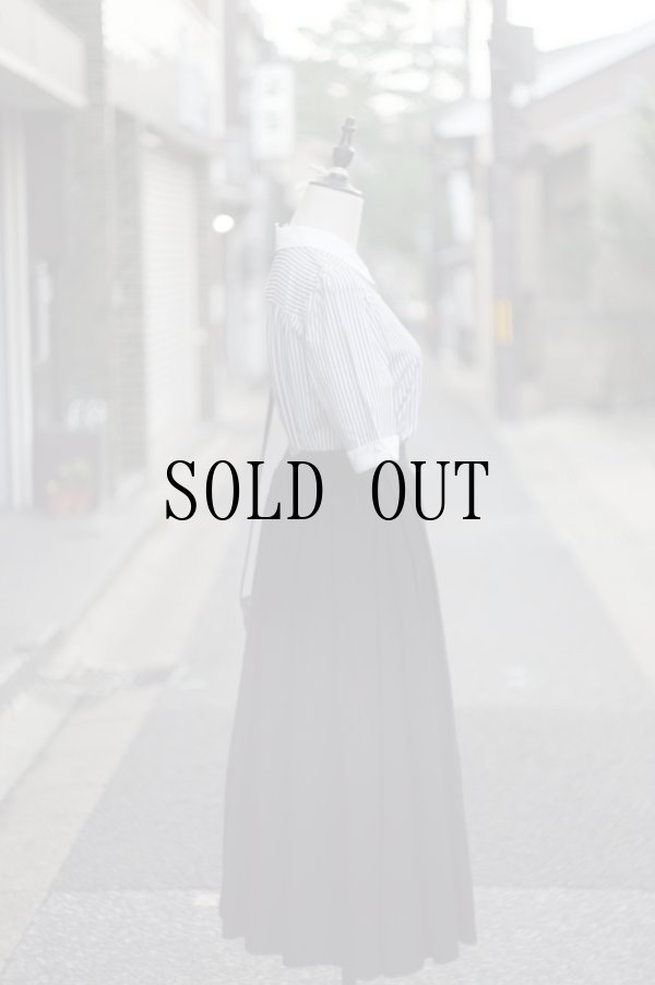 画像12: "Leilian" 白×ネイビー ストライプ柄 半袖 コットン ブラウス 丸襟 パフスリーブ[20180]