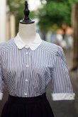 画像2: "Leilian" 白×ネイビー ストライプ柄 半袖 コットン ブラウス 丸襟 パフスリーブ[20180]