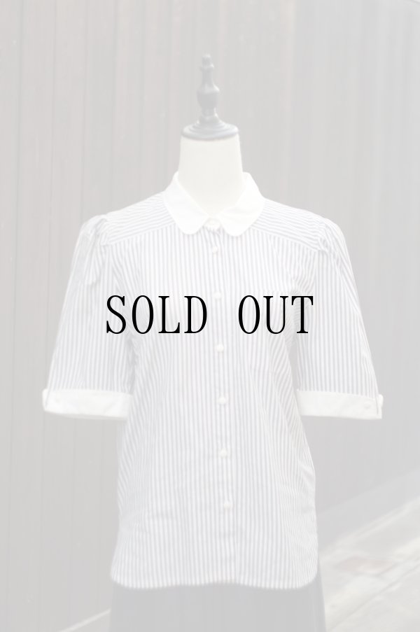 画像8: "Leilian" 白×ネイビー ストライプ柄 半袖 コットン ブラウス 丸襟 パフスリーブ[20180]