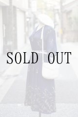 画像: 花柄 ネイビー系 半袖 レトロワンピース オープンカラー ウエストゴム[20144]