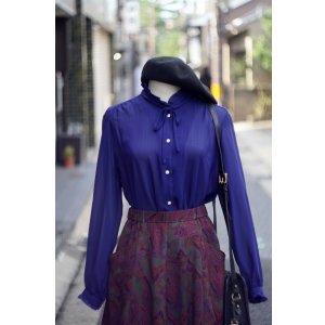 画像: "New Look" 無地 ネイビー 長袖 ブラウス フリルスタンドカラー フリル[20184]