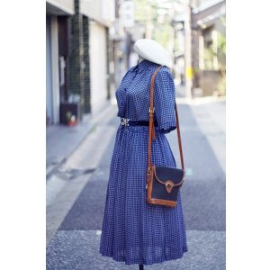 画像: ネイビー×白 チェック柄  半袖 レトロワンピース レギュラーカラー ウエストゴム[20145]